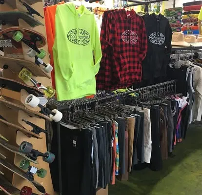 Inside the Boardgarden Napa storefront: custom apparel and skateboards selection
